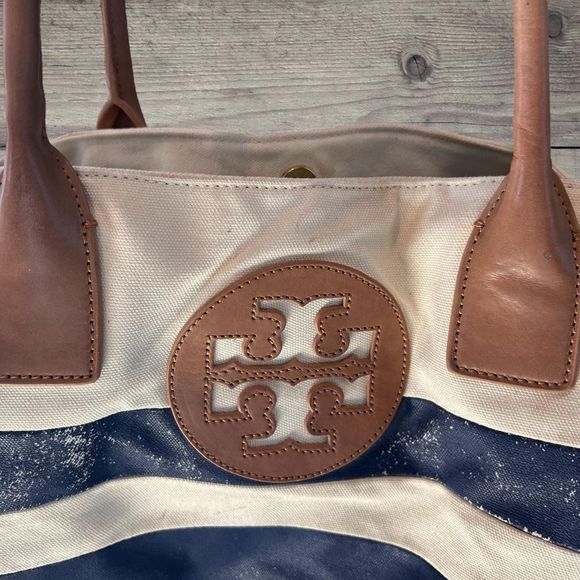 Tory Burch Large Canvas Color Block Navy Tote Beach pool Bag Purse - Picture 8 of 12